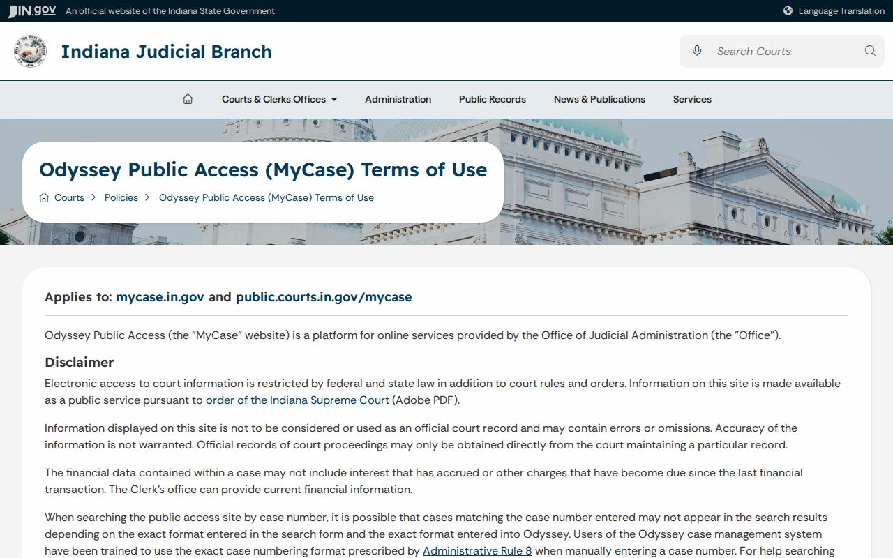 MyCase terms describing free public search and nonofficial case information