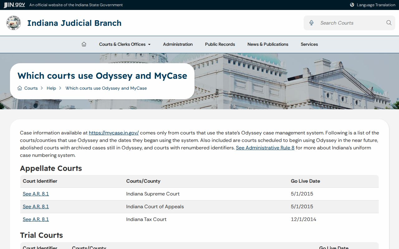 Official Odyssey court list with Fayette Circuit and Superior Court entries