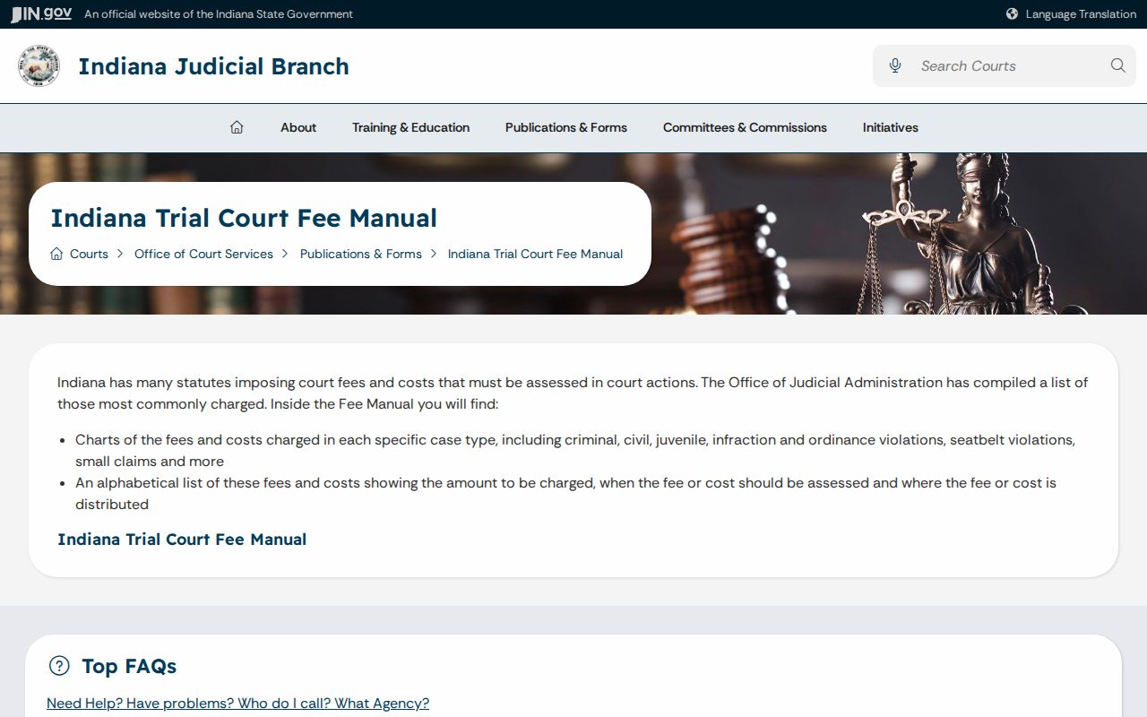 Indiana trial court fee information page