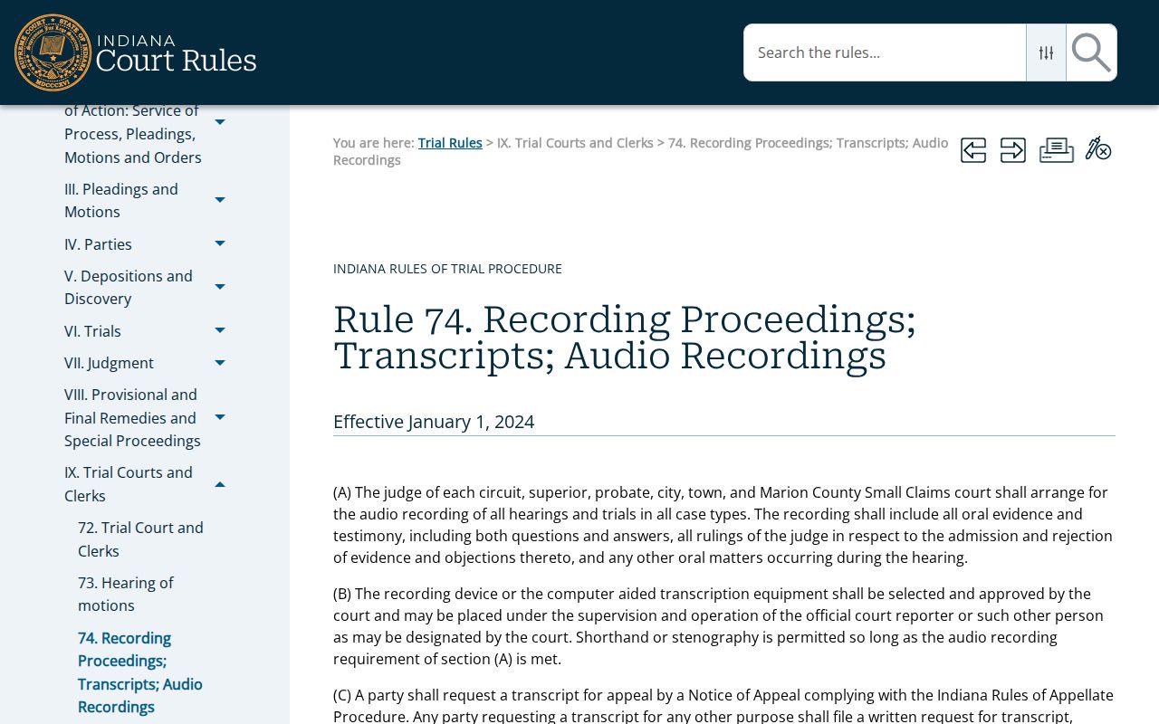 Indiana Trial Rule 74 court reporter transcript request rule