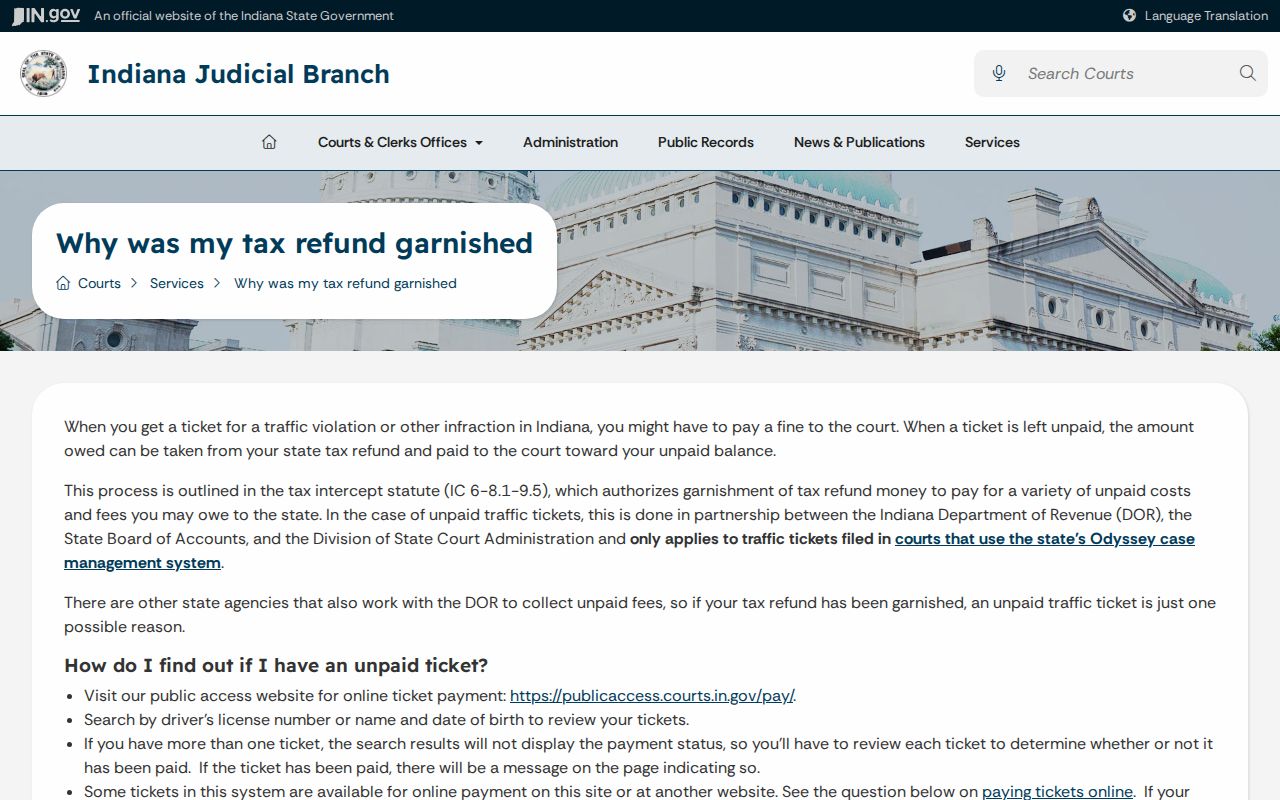 Indiana official traffic payment and state refund intercept guidance