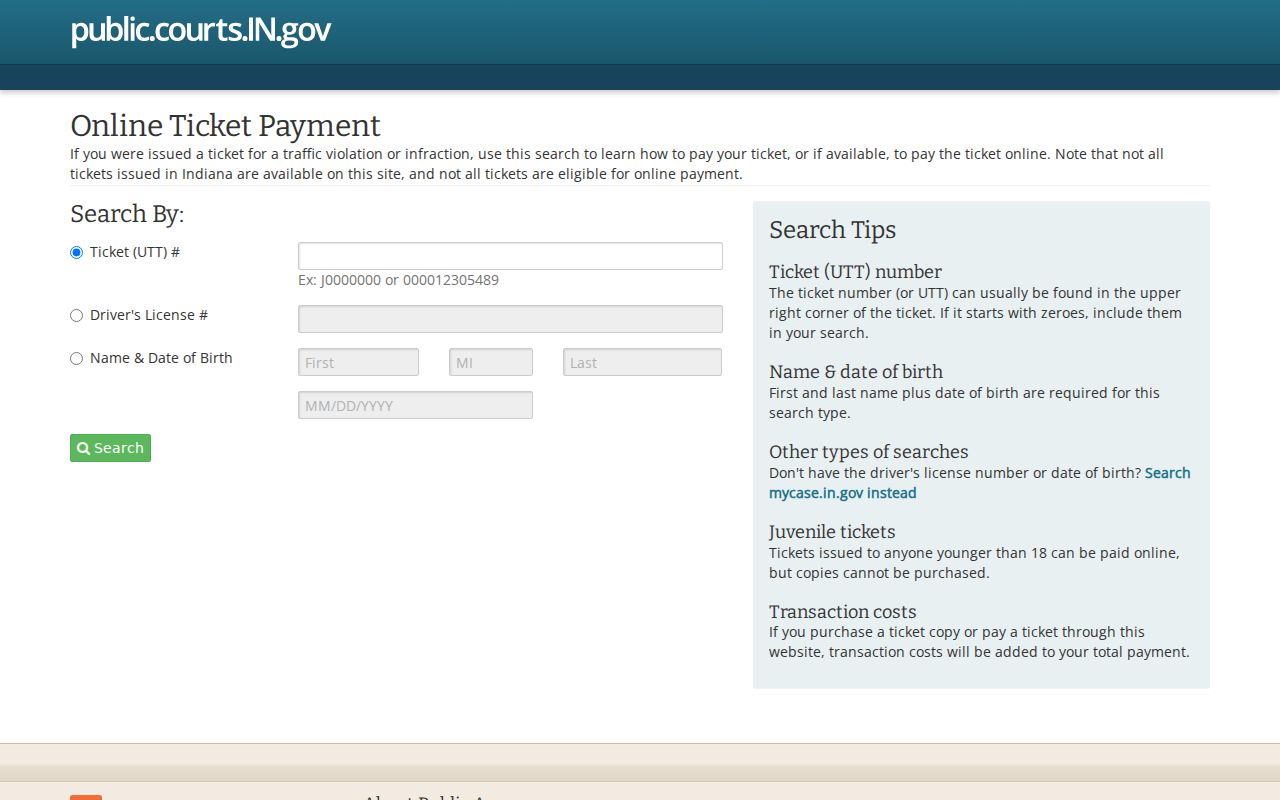 Indiana statewide traffic citation search and payment interface
