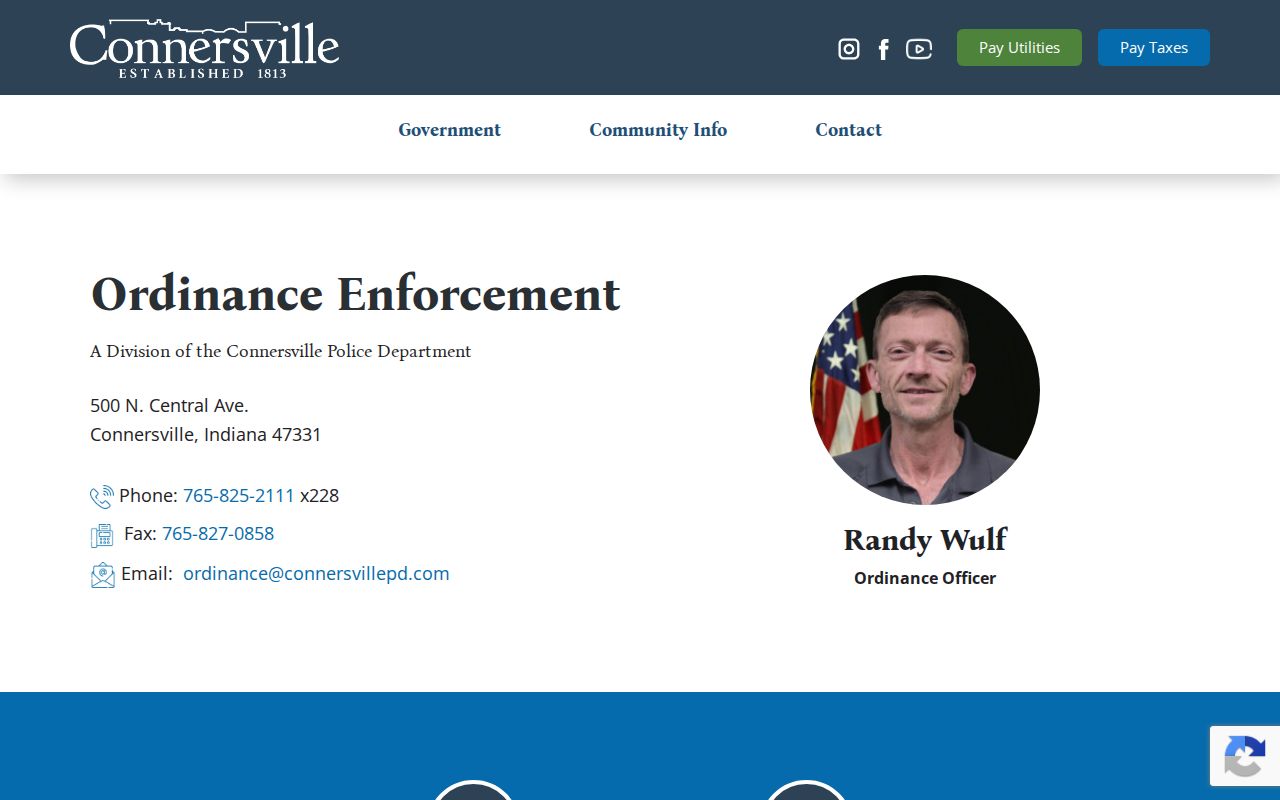Connersville ordinance enforcement page showing no separate municipal court calendar